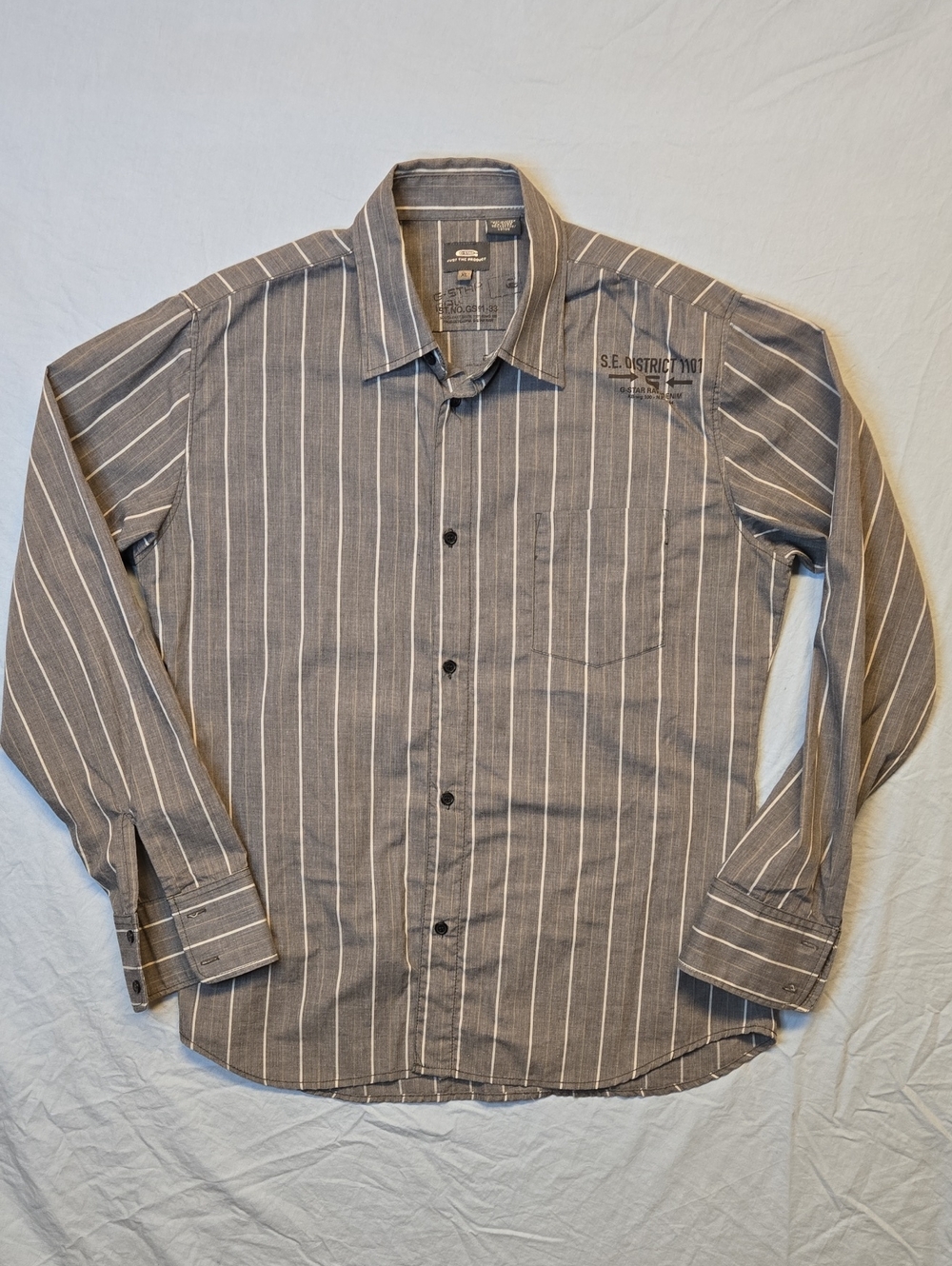 G-Star Raw Gray & White Vertical Stripe Button Down Long Sleeve Dress Shirt Y2K